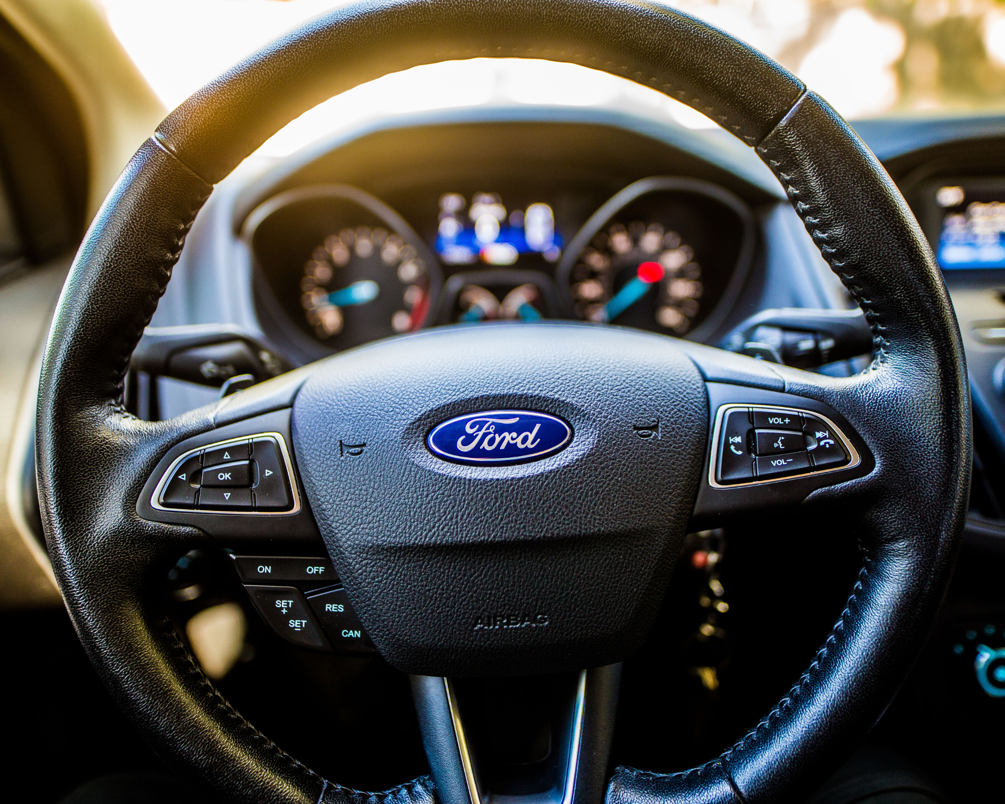 Steering wheel of Ford brand automobile